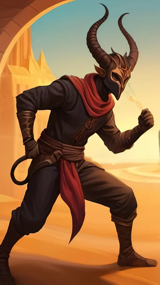 Prompt: A beige lanky male Tiefling with sleek horns and a sturdy build covered in sand, wearing black baggy clothes and a mask in a low stance magically kicking up a sandstorm with vibrant golden light shining through the sand. Vector Style, Color enhance, Fantasy Style