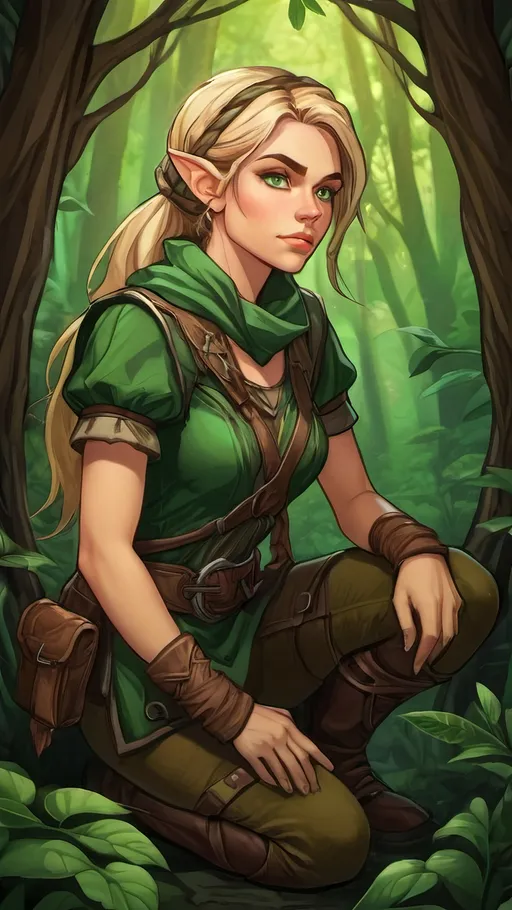 Prompt: A lanky female forest elf hunter with braided blond hair and vibrant green eyes. She had modest baggy brown hunting clothes and a bandanna around her neck. She is crouched down in the middle of a dense forest. Fantasy style, high contrast, vector style