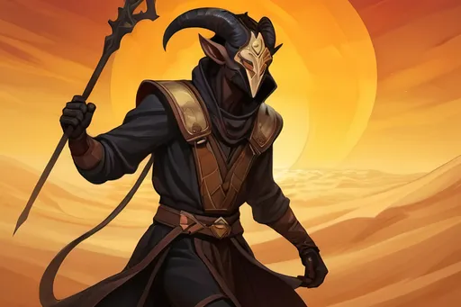 Prompt: A beige lanky male Tiefling with sturdy horns and a sturdy build wearing black baggy clothes and a mask in a low stance magically kicking up a sandstorm with vibrant golden light shining through the sand. Vector Style, Color enhance, Fantasy Style