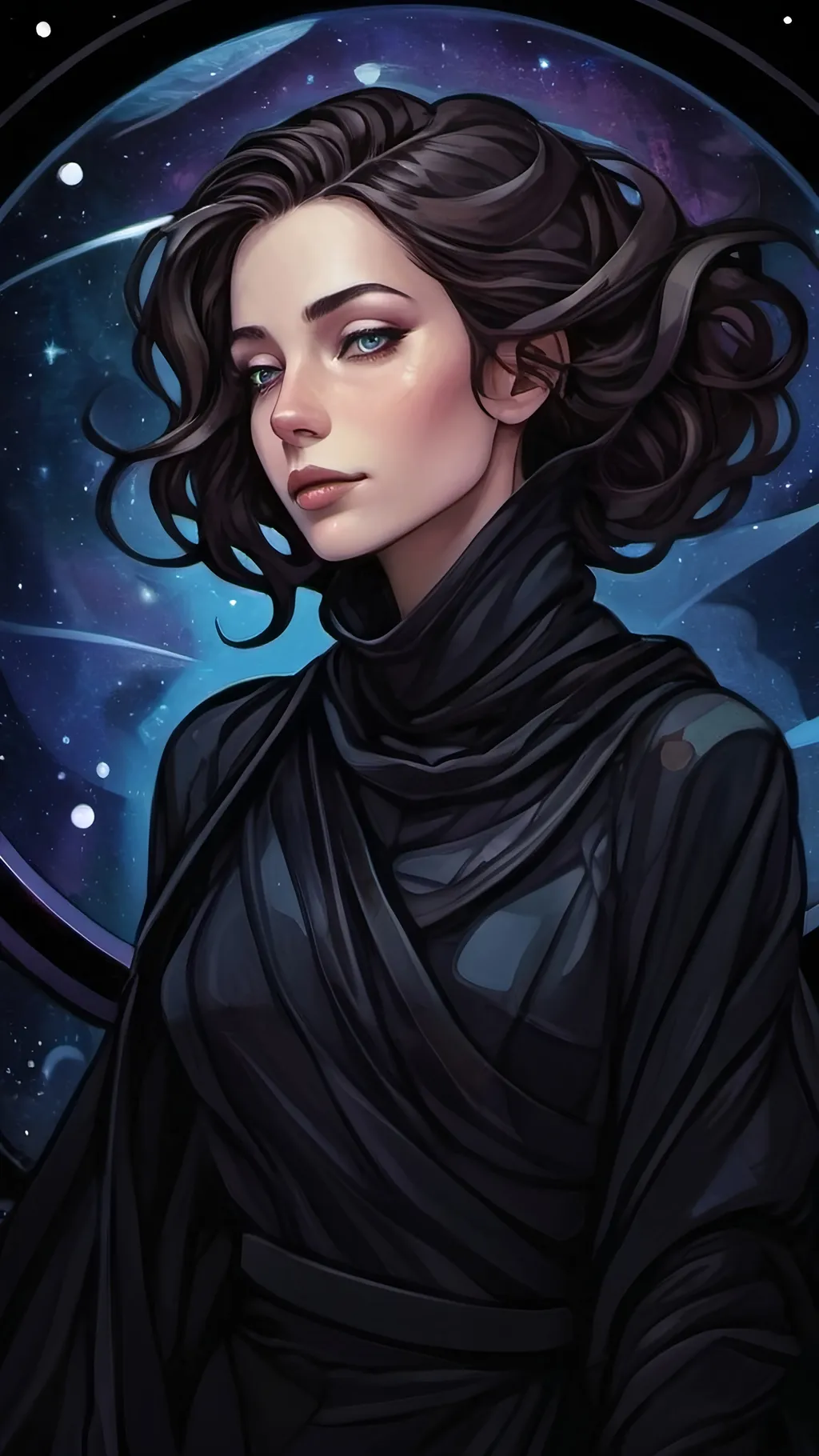 Prompt: A futuristic lanky elegant female seer Floating aimlessly in the dark depths of space. She is wearing an intricate organic baggy black dress with a black cowl. There are plentiful stars and galaxies in the blackened night. Color enhance, High contrast, vector style, enhance reflections