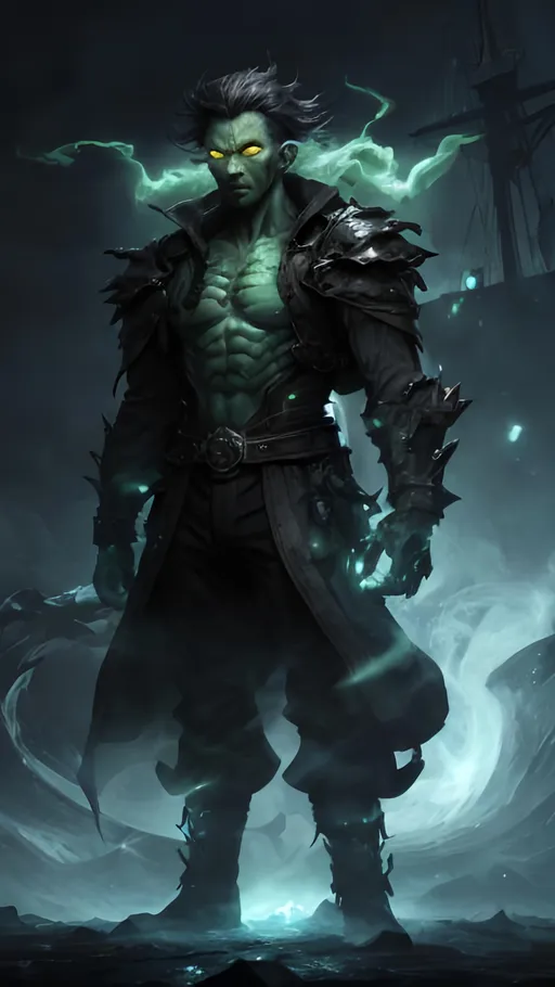 Prompt: A clump of swirling green biomass and grey bone tendrils in a generally male humanoid shape, transforming, shifting and churning into a normal male human. He is radiating thick black smoke with blue light shining out of the cracks. He is standing at the stern of a ship on the open sea.