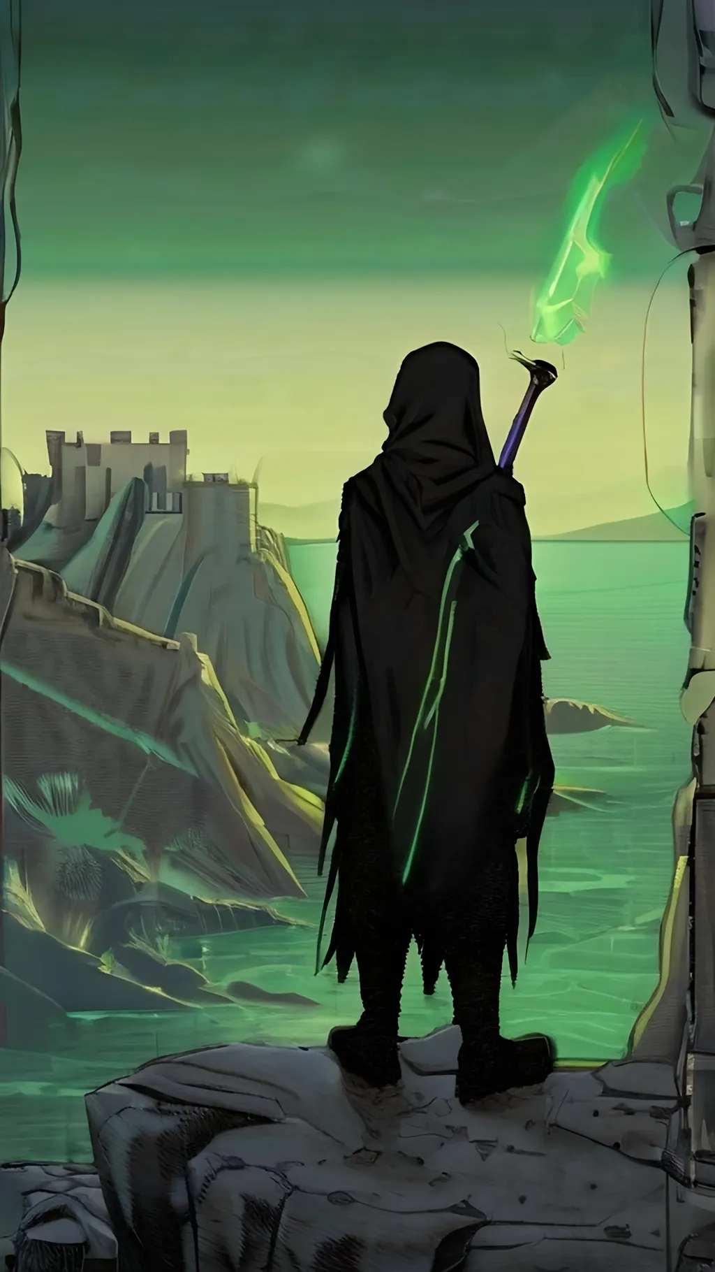 Prompt: A cryptic and majestic corpse reanimated with glowing green arcane runes and channels running across their decayed skin. He is wearing baggy black clothes and a green bandanna. He is standing on a stone outcrop overlooking a vast sea with a ruined castle in the distance. Vector style, color enhance