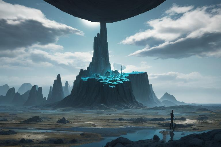 Prompt: A tall and lanky male humanoid is dwarfed by the great expanse of ralien terrain filled with desolate ruined buildings and empty space. He stands on a Rock amidst a series of islands floating detached in the air surrounded by an ethereal black and teal mist. behance HD