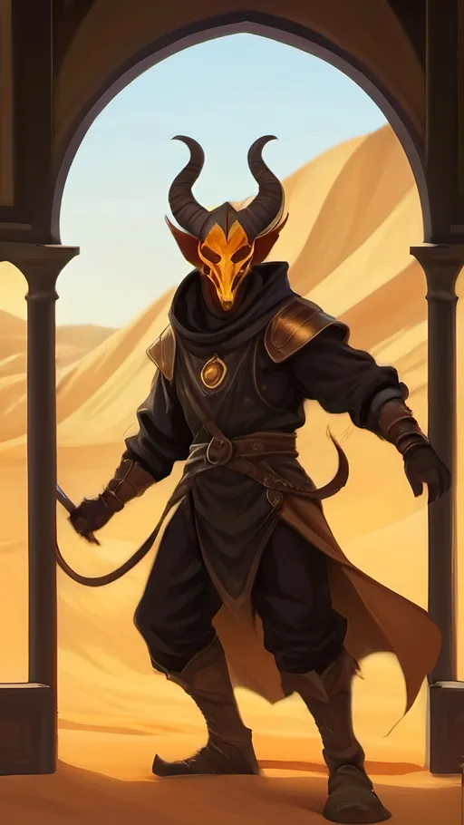 Prompt: A beige lanky male Tiefling with sturdy horns and a sturdy build wearing black baggy clothes and a mask in a low stance magically kicking up a sandstorm with vibrant golden light shining through the sand. Vector Style, Color enhance, Fantasy Style