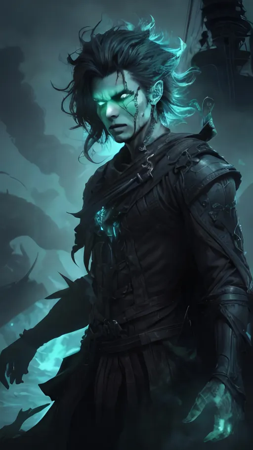 Prompt: A clump of swirling green biomass and grey bone tendrils in a generally male humanoid shape, transforming, shifting and churning into a normal male human. He is radiating thick black smoke with blue light shining out of the cracks. He is standing at the stern of a ship on the open sea.