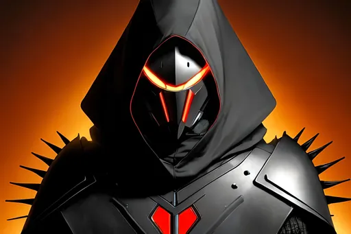 Prompt: An abnormally tall and lanky humanoid hunched over in nanotech armor with spines and metal protrusions. He has a black cape and is sitting ominously on a floating mechanical chair. His face is covered with a metal mask with beady glowing red eyes under a black hood. behance HD