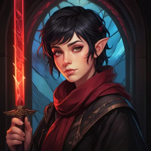 Prompt: A short female elf with messy thick short black hair wearing baggy black clothes with a long maroon scarf. She is drawing a Glowing crimson katana and is surrounded by a thick misty fog with floating vibrant crimson lights piercing through. Vector style, deep colors, rtx enabled