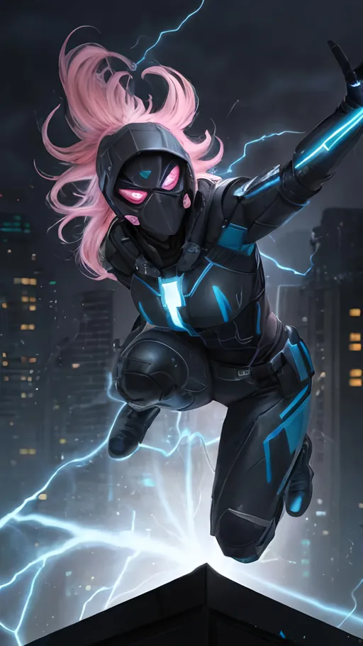 Prompt: A Caucasian female superhero wreathed in blue lightning with a black, grey and cyan tactical suit with a dark mask and black hood jumping off the top of an urban roof. She has tied back pink hair and glowing red eyes. She is surrounded by cyan electrical energy and has cyan light coming from her hands. behance HD