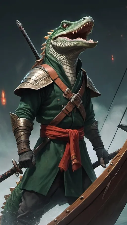 Prompt: A green lizardfolk alligator samurai with glowing amber eyes, pale scales, large red fins, baggy brown clothes and a long silver katana standing on the edge of a medieval sailing ship yelling into the misty wind. dungeons and dragons, high contrast, color enhance, greyscale