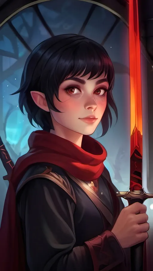 Prompt: A short female elf with short black hair wearing baggy black clothes with a long maroon scarf. She is drawing a Glowing crimson katana and is surrounded by a thick misty fog with floating vibrant crimson lights piercing through. Vector style, deep colors, rtx enabled