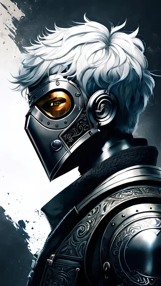 Prompt: A male Artificer with short White hair and a missing arm wearing a dark fantasy themed silver steel armor with a Metallic-full-face-mask covering his scarred face. He holds two long intricate guns and is surrounded by vibrant liquid fire. Behance HD