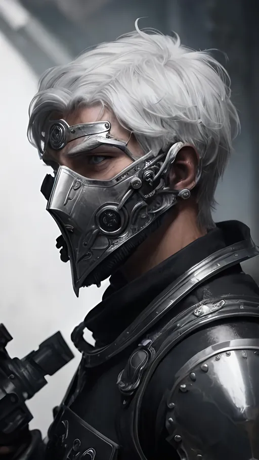 Prompt: A male Artificer with short White hair and a missing arm wearing a dark fantasy themed silver steel armor with a Metallic-full-face-mask covering his scarred face. He holds two long intricate guns and is surrounded by vibrant liquid fire. Behance HD