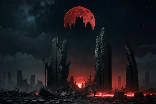 Prompt: A dark Post-apocalyptic landscape covered in jagged rocks, broken buildings, wreckages and dead trees cast under a shattered and broken red moon during lunar ellipse and a sky filled with countless stars. behance HD