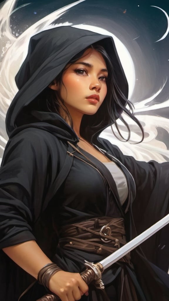 Prompt: A young Filipino storm sorceress with short black hair wearing a black cloak that billows in the wind with an oversized hood and baggy pirate clothes. She wields a mystical glowing white katana wreathed in floating lightning and liquid white energy. she stands proudly on the mast of a medieval sailing ship. dungeons and dragons style ,high contrast, color enhance