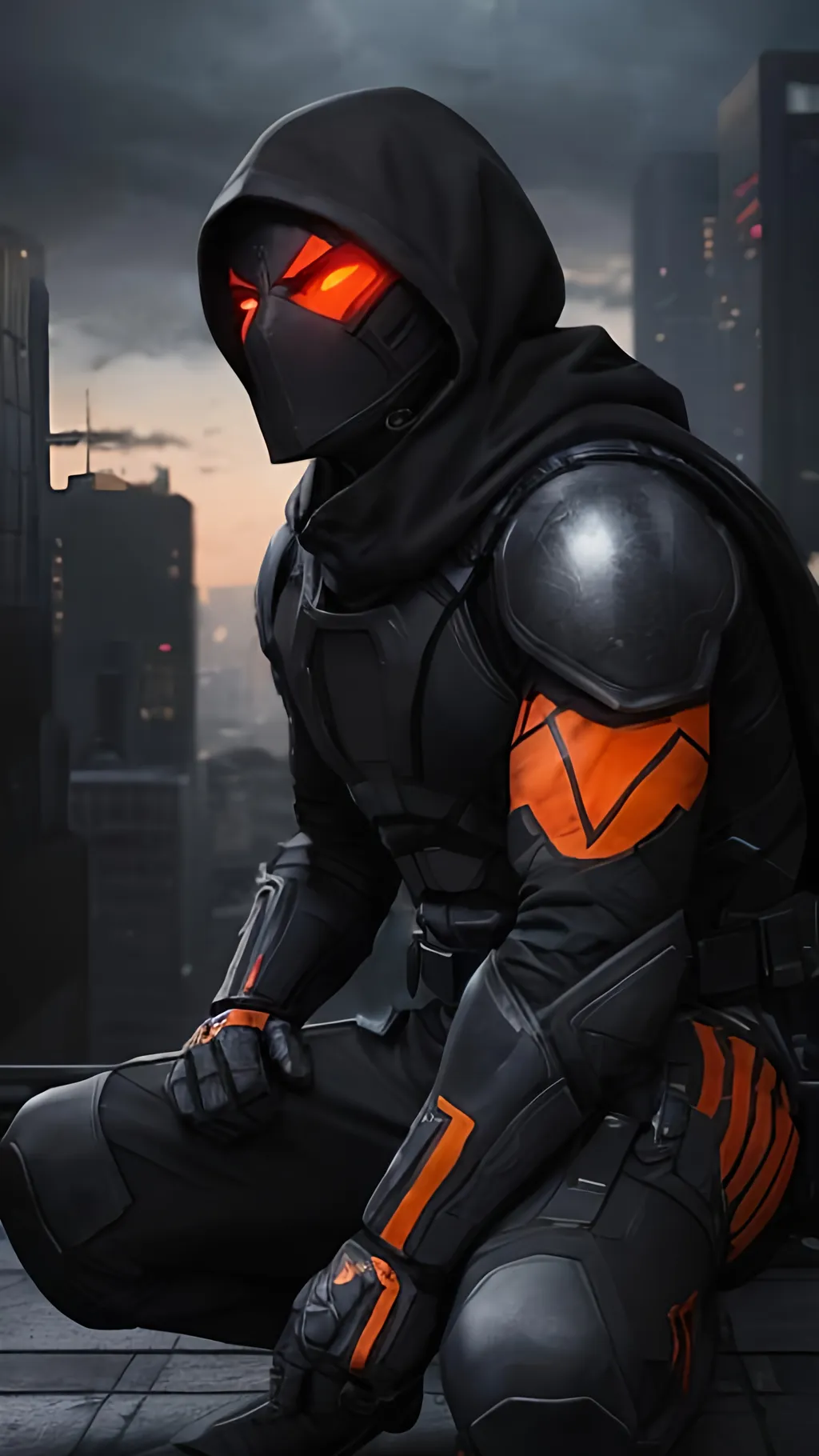 Prompt: A Caucasian male superhero with a black, grey and orange tactical suit with a dark mask with glowing red eyes and a black hood, crouching on the top of an urban roof. He stares intensely on the street below. behance HD
