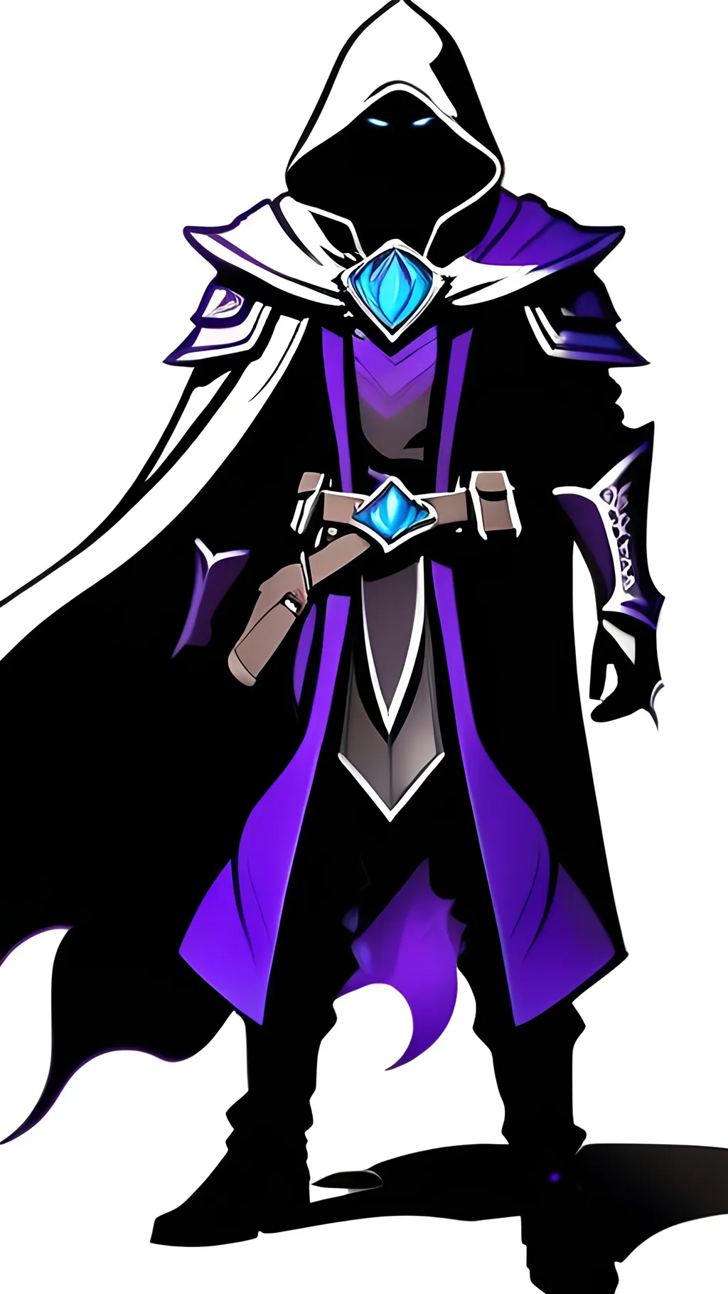 Prompt: A former drow slave turned shadow sorcerer. The young boy has obsidian black skin and marble white hair. He wears a tattered black cloak, leather armor and a hood to cover his face. His power manifests as liquid purple and cyan flames that hover around him. The shadows around him shift and change showing anger despite his emotionless face. Vector Style, Color Enhance, High contrast