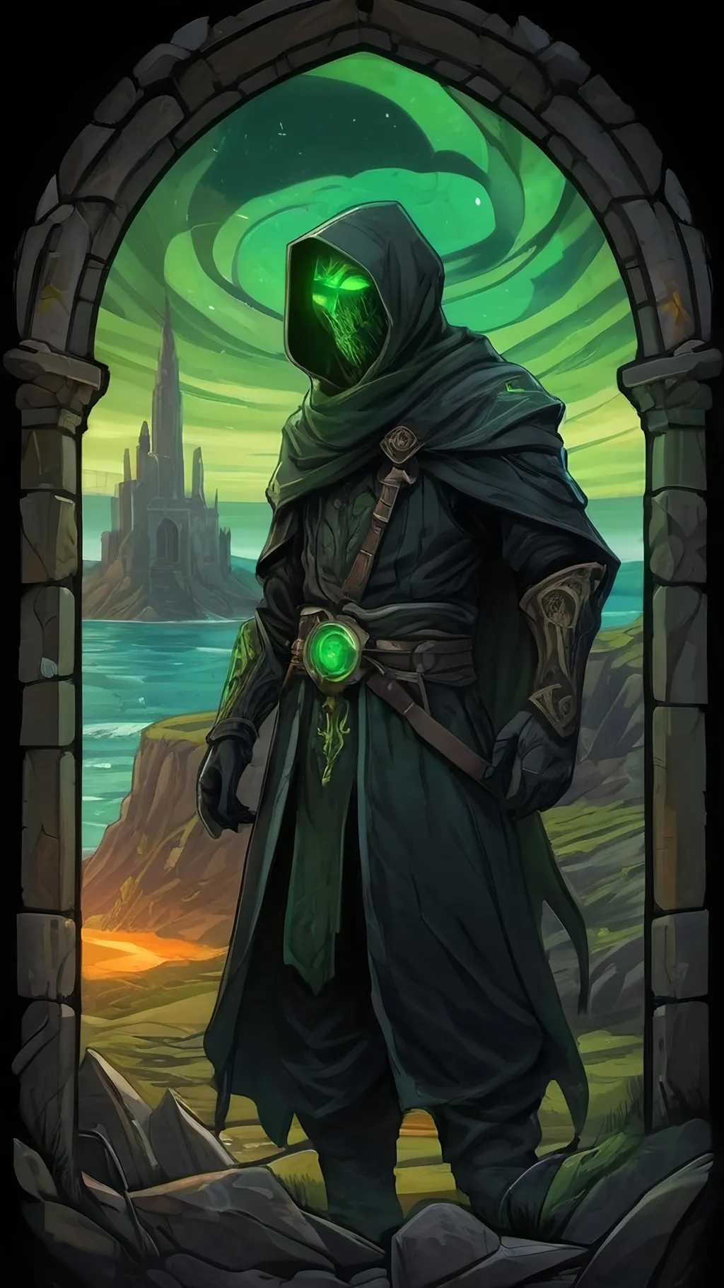 Prompt: A cryptic and majestic corpse reanimated with glowing green arcane runes and channels running across their decayed skin. He is wearing baggy black clothes and a green bandanna. He is standing on a stone outcrop overlooking a vast sea with a ruined castle in the distance. Vector style, color enhance
