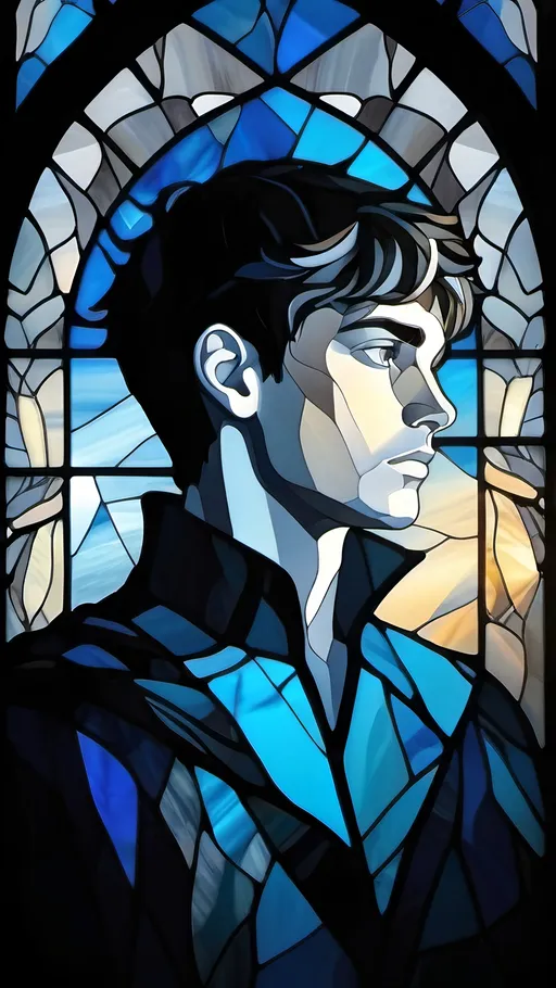 Prompt: A grey and black silhouette in a shattered stained glass window with highlights on blue in the form of a young male. Fantasy style, Vector Style, color enhance