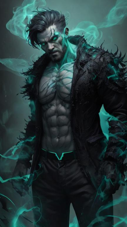 Prompt: A clump of swirling teal biomass and grey bone tendrils in a generally male humanoid shape, transforming, shifting and churning into a normal male human. He is radiating thick black smoke with green light shining out of the cracks.