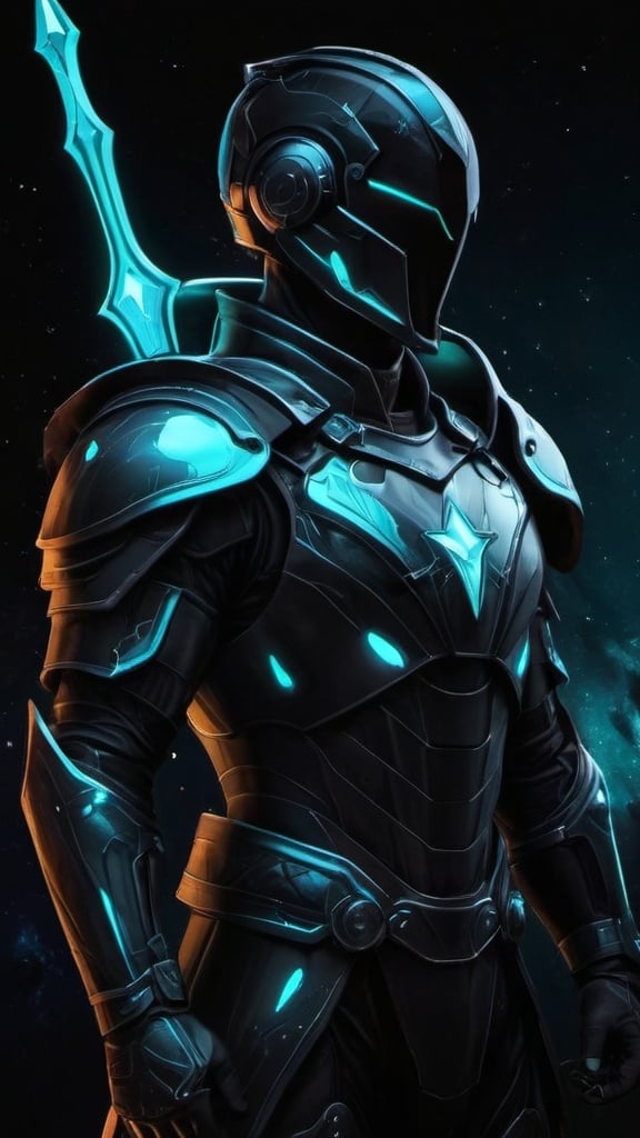 Prompt: A futuristic male warrior in light nanotech black armor with a black helmet which reflect the plentiful stars in the black night sky. He is holding a long glowing cyan spear and is floating distantly in the dark depths of space. Color enhance, High contrast, vector style