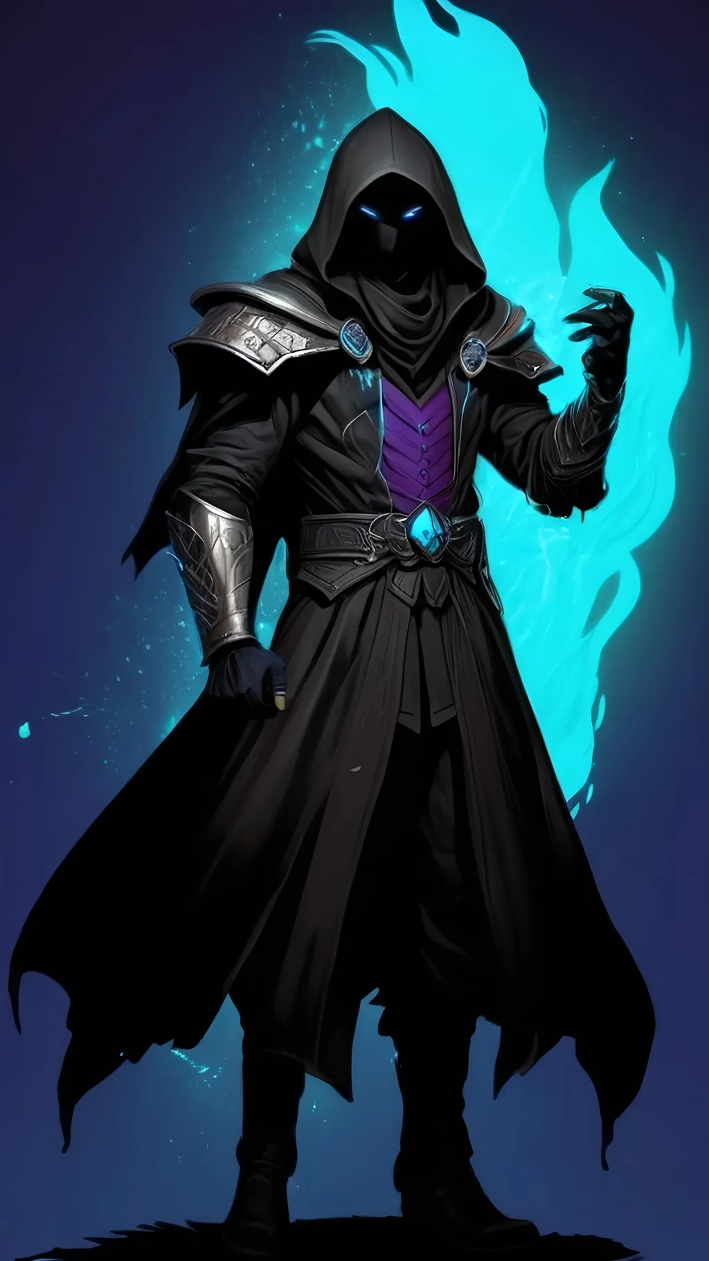 Prompt: A former drow slave turned shadow sorcerer. The young boy has obsidian black skin and marble white hair. He wears a tattered black cloak, leather armor and a hood to cover his face. His power manifests as liquid purple and cyan flames that hover around him. The shadows around him shift and change showing anger despite his emotionless face. Vector Style, Color Enhance, High contrast