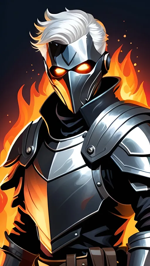 Prompt: A lanky male Artificer with short White hair and a missing arm wearing a dark fantasy themed silver steel armor with a Metallic-full-face-mask covering his scarred face. He holds two long intricate sidearms and is surrounded by vibrant liquid fire. Vector Style, color enhance