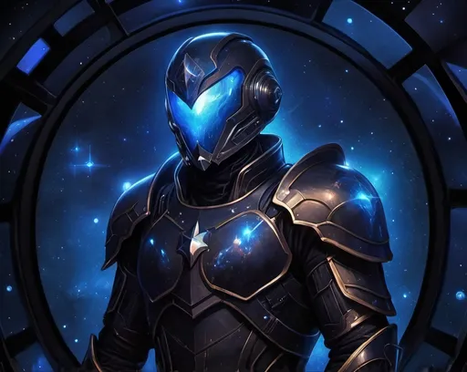 Prompt: A futuristic lanky male warrior Floating aimlessly in the dark depths of space. He is wearing light nanotech black armor with a black helmet which reflects the plentiful stars and galaxies in the blackened night. He is holding deep blue gauntlets. Color enhance, High contrast, vector style, enhance reflections