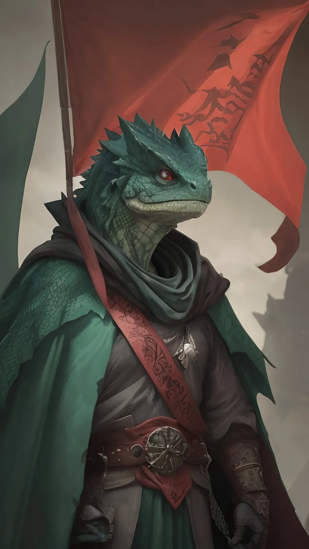 Prompt: a strong green lizardfolk samurai with teal fins wearing a dark cloak holding aloft a red banner. black stylized background, D&D setting, high quality