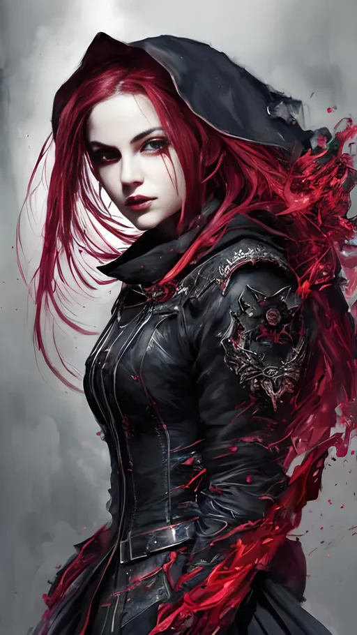 Prompt: A female vampire falling through the air with flying knives wearing a dark fantasy themed tactical suit with a hood and a translucent veil covering her face. She holds two long intricate knives and is surrounded by vibrant liquid crimson energy swirling through the air.