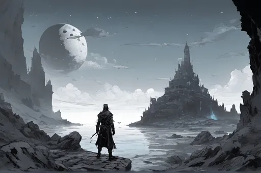 Prompt: A cryptic and majestic corpse reanimated with glowing White arcane runes and channels running across their decayed skin. He is wearing baggy black clothes and a blue bandanna. He is standing on a stone outcrop overlooking a vast sea with a ruined castle in the distance. High contrast, color enhance