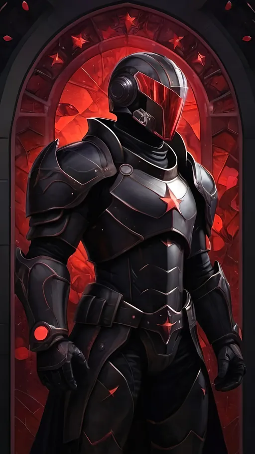 Prompt: A futuristic male warrior in light nanotech black armor with a black helmet which reflect the plentiful stars in the black night sky. He is holding bulky crimson gauntlets and is floating distantly in the dark depths of space. Color enhance, High contrast, vector style
