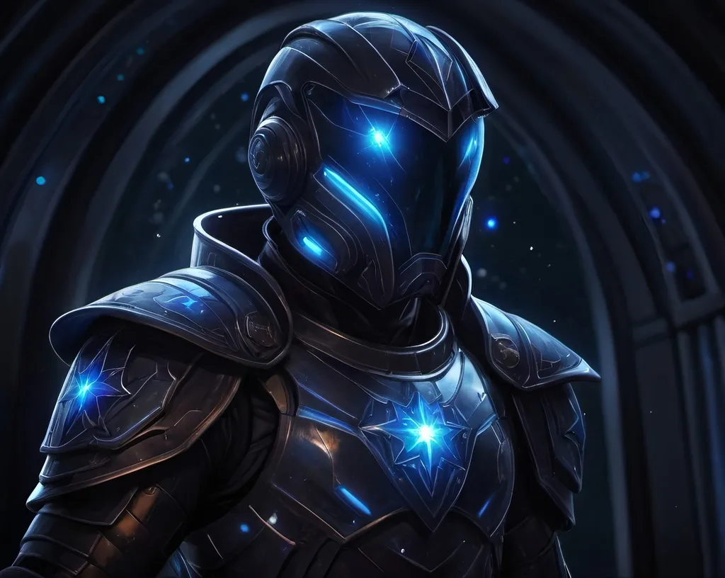 Prompt: A futuristic lanky male warrior Floating aimlessly in the dark depths of space. He is wearing light nanotech black armor with a black helmet which reflects the plentiful stars and galaxies in the blackened night. He is holding deep blue gauntlets. Color enhance, High contrast, vector style, enhance reflections