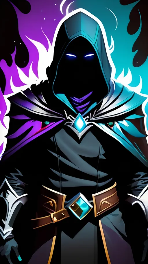 Prompt: A former drow slave turned shadow sorcerer. The young boy has obsidian black skin and marble white hair. He wears a tattered black cloak, leather armor and a hood to cover his face. His power manifests as liquid purple and cyan flames that hover around him. The shadows around him shift and change showing anger despite his emotionless face. Vector Style, Color Enhance, High contrast