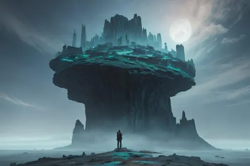 Prompt: A tall and lanky male humanoid is dwarfed by the great expanse of ralien terrain filled with desolate ruined buildings and empty space. He stands on a Rock amidst a series of islands floating detached in the air surrounded by an ethereal black and teal mist. behance HD