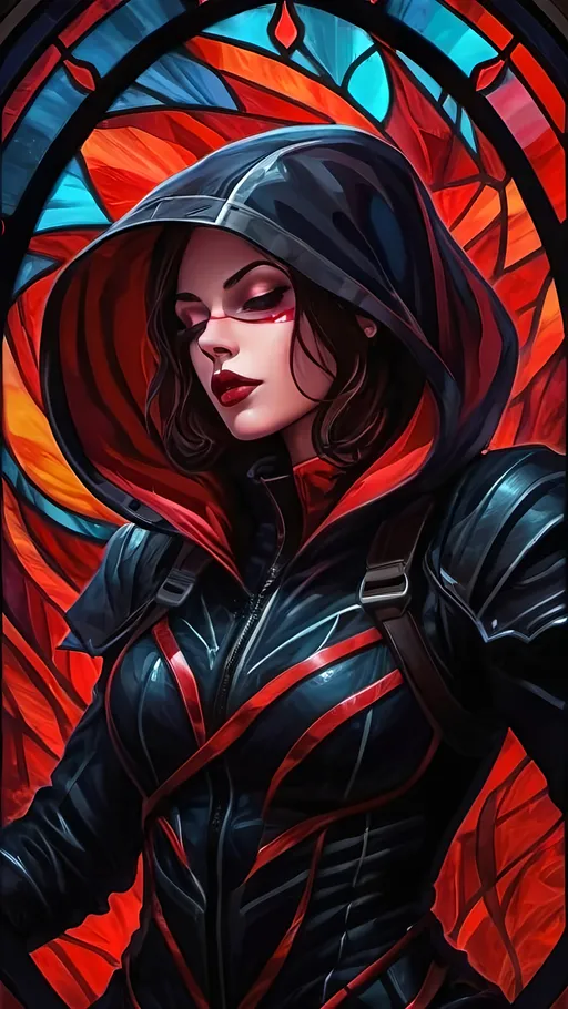 Prompt: A female vampire falling through the air with flying knives wearing a dark fantasy themed baggy tactical suit with a hood and a translucent veil covering her face. She holds two long intricate knives and is surrounded by vibrant liquid crimson energy swirling through the air. Vector style, high contrast, color enhance