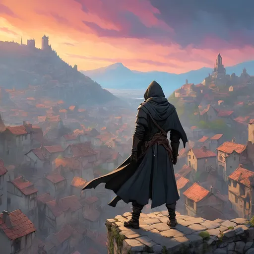 Prompt: A dramatic, high contrast scenic view of a medieval city with a lone assassin in a black cloak standing on the peak of a roof looking down on a mass of roaming citizens. Sunset, color enhance, assassins creed