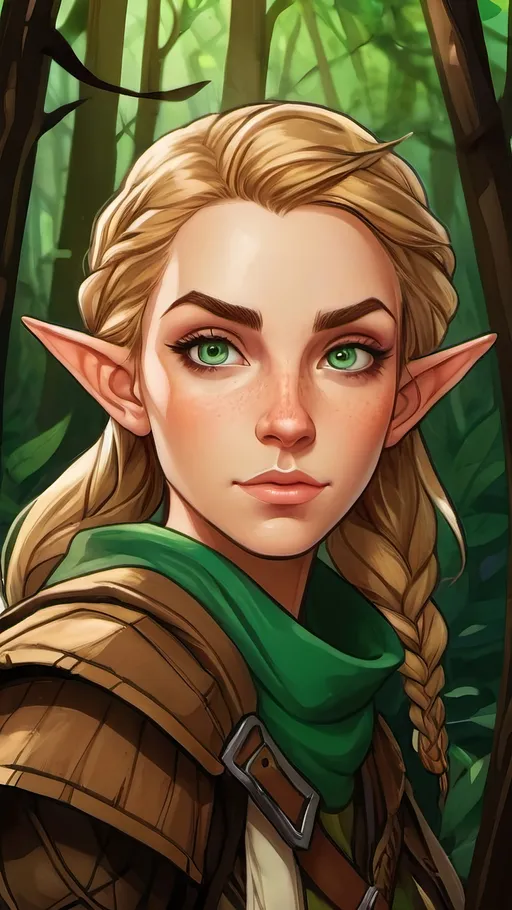 Prompt: A lanky female forest elf hunter with braided blond hair and vibrant green eyes. She had modest baggy brown hunting clothes and a bandanna around her neck. She is crouched down in the middle of a dense forest. high Fantasy style, high contrast, vector style