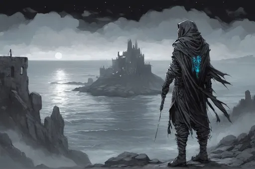 Prompt: A cryptic and majestic corpse reanimated with glowing White arcane runes and channels running across their decayed skin. He is wearing baggy black clothes and a blue bandanna. He is standing on a stone outcrop overlooking a vast sea with a ruined castle in the distance. High contrast, color enhance