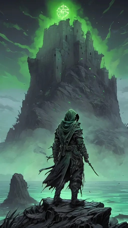 Prompt: A cryptic and majestic corpse reanimated with glowing Green arcane runes and channels running across their decayed skin. He is wearing baggy black clothes and a green bandanna. He is standing on a stone outcrop overlooking a vast sea with a ruined castle in the distance. High contrast, color enhance