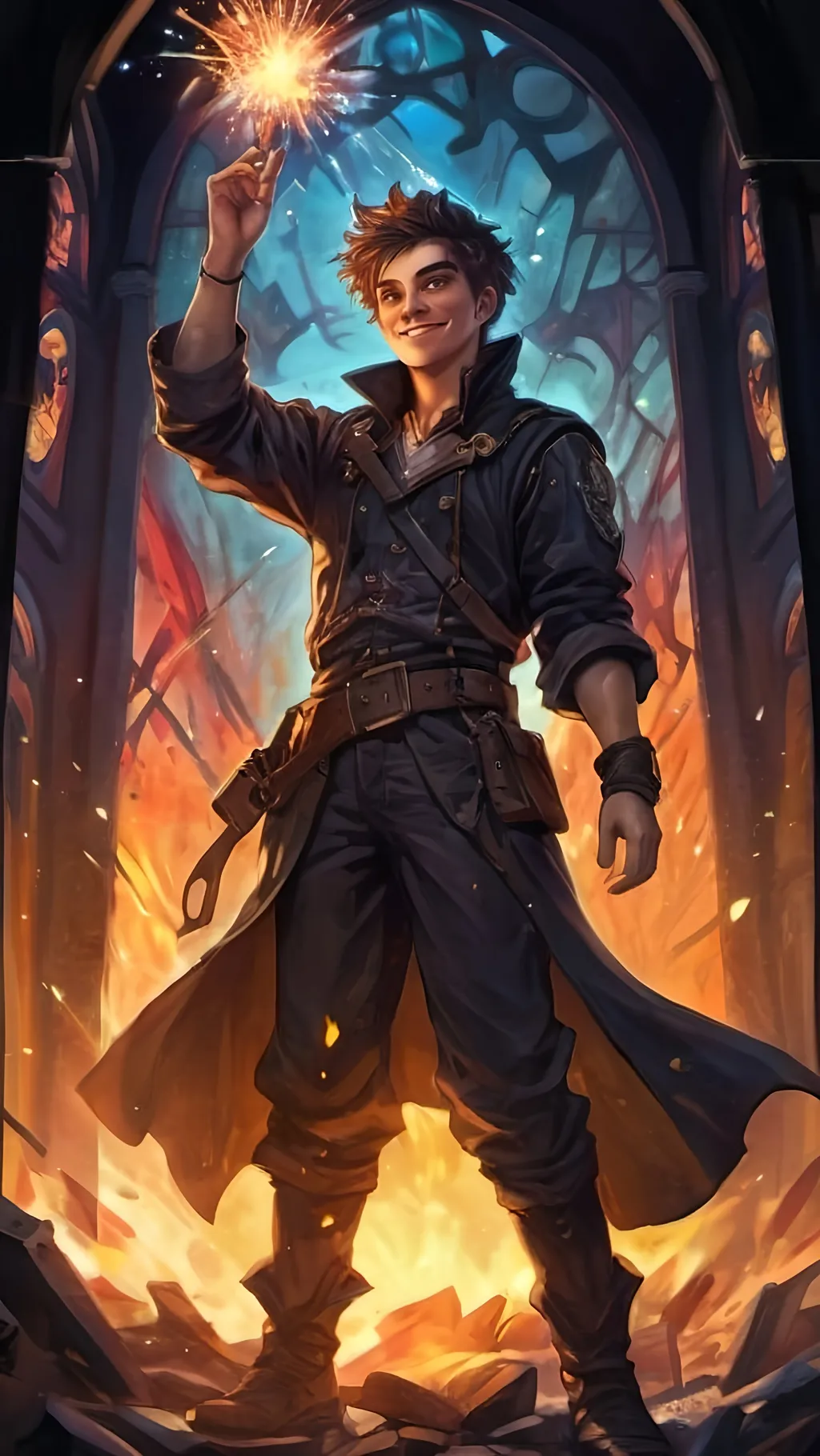 Prompt: A maddened young male artificer with a mad grin and covered in grime and oil stains. A floating magical spark floats above his open outstretched hand. He wears baggy black clothes and inventors goggles. He is surrounded by free flying fireworks, explosions and a war torn battlefield. Color enhance, High contrast, fantasy style, pirate style, vector style