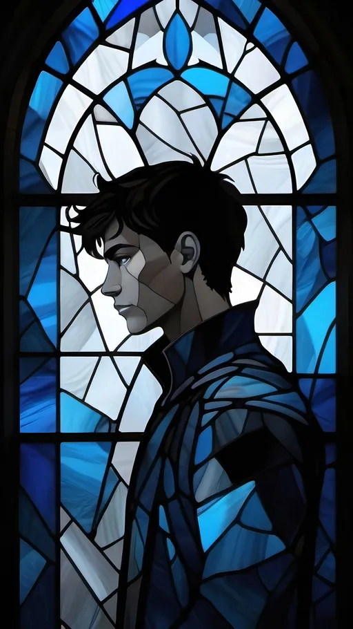 Prompt: A grey and black silhouette in a shattered stained glass window with highlights of blue in the form of a young male that used to be there. nothing but empty space is left behind. Fantasy style, Vector Style, color enhance