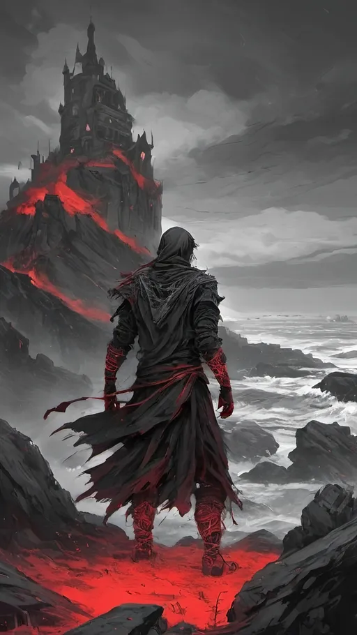 Prompt: A cryptic and majestic corpse reanimated with glowing Red arcane runes and channels running across their decayed skin. He is wearing baggy black clothes and a Red bandanna. He is standing on a stone outcrop overlooking a vast sea with a ruined castle in the distance. High contrast, color enhance