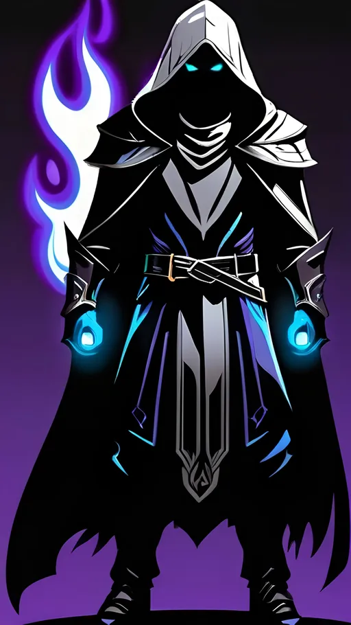 Prompt: A former drow slave turned shadow sorcerer. The young boy has obsidian black skin and marble white hair. He wears a tattered black cloak, leather armor and a hood to cover his face. His power manifests as liquid purple and cyan flames that hover around him. The shadows around him shift and change showing anger despite his emotionless face. Vector Style, Color Enhance, High contrast