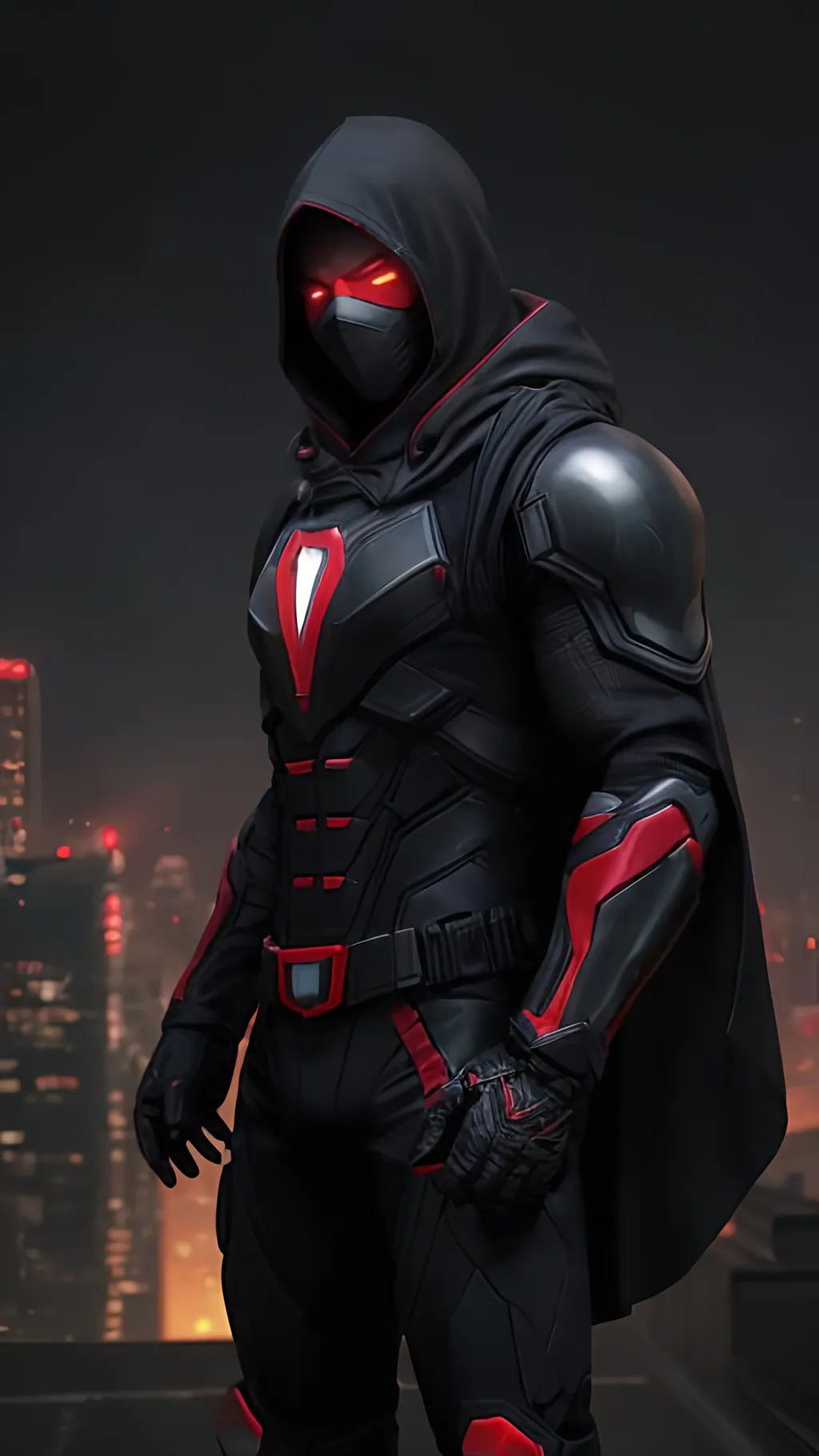 Prompt: A Caucasian male superhero with a black, grey and red tactical suit with a dark mask and black hood standing ominously on the top of an urban roof surrounded with liquid crimson light. He is shooting crimson energy lasers from his hands. behance HD