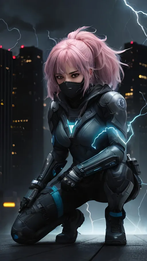 Prompt: A Caucasian female superhero wreathed in lightning with a black, grey and cyan tactical suit with a dark mask and black hood crouching on the top of an urban roof. She has tied back pink hair and glowing red eyes. She is surrounded by cyan electrical energy and has cyan light coming from her hands. behance HD
