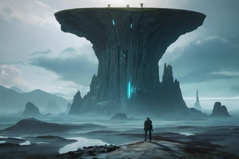 Prompt: A tall and lanky male humanoid is dwarfed by the great expanse of ralien terrain filled with desolate ruined buildings and empty space. He stands on a Rock amidst a series of islands floating detached in the air surrounded by an ethereal black and teal mist. behance HD