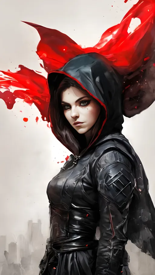 Prompt: A female vampire falling through the air with flying knives wearing a dark fantasy themed tactical suit with a hood and a translucent veil covering her face. She holds two long intricate knives and is surrounded by vibrant liquid crimson energy swirling through the air.