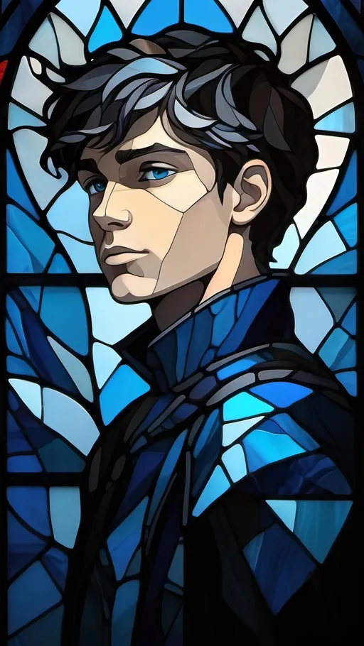 Prompt: A grey and black silhouette in a shattered stained glass window with highlights on blue in the form of a young male. Fantasy style, Vector Style, color enhance
