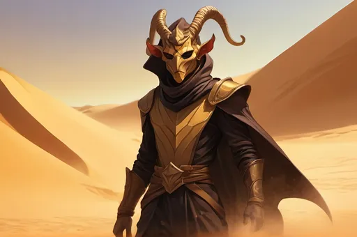 Prompt: A beige lanky male Tiefling with sleek horns and a sturdy build covered in sand, wearing black baggy clothes and a mask in a low stance magically kicking up a sandstorm with vibrant golden light shining through the sand. Vector Style, Color enhance, Fantasy Style