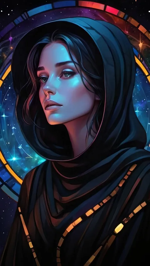 Prompt: A futuristic lanky elegant female seer Floating aimlessly in the dark depths of space. She is wearing an intricate organic baggy black dress with a black cowl. There are plentiful stars and galaxies in the blackened night. Color enhance, High contrast, vector style, enhance reflections